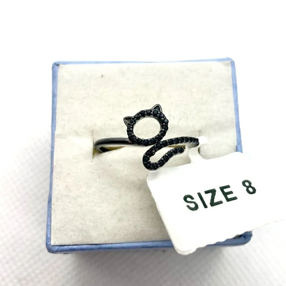 Size 8 Sterling Silver Black Cat Ring